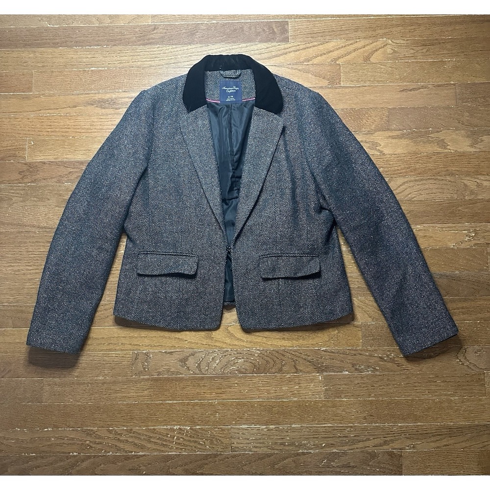 American Eagle Women's Blazer XL Gray Metallic Tweed Wool Blend Velvet Collar